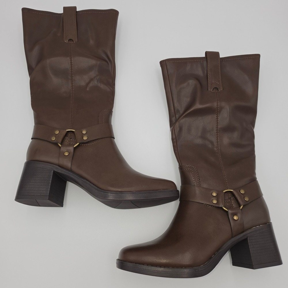 Frye and Co Nica Cedar Brown Harness Tall Block Heel Boots 8M PLF25-44483-002